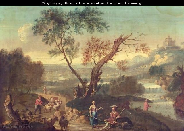 Italianate Landsape With Drovers And Their Animals On A Road Beside A River, A Hilltop Castle Beyond - (after) Francesco Zuccarelli