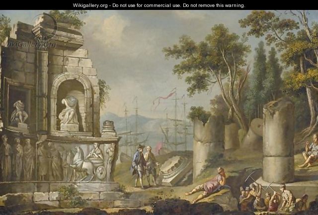A Coastal Landscape With Figures Excavating Classical Ruins - (after) Pietro Fabris
