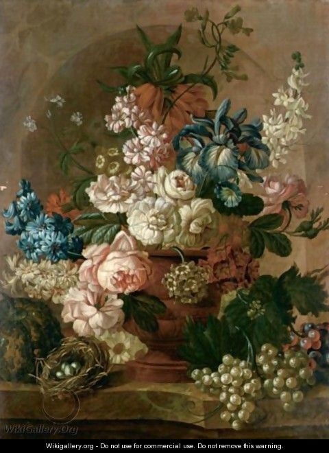 Still Life With Various Flowers In A Terracotta Urn, Together With Bunches Of Grapes, A Melon And A Bird