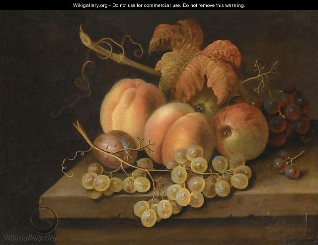 Still Life With Peaches, Apples, Grapes And Plums On A Stone Ledge - William Sartorius