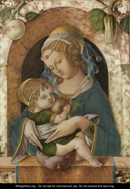 The Madonna And Child At A Marble Parapet, An Apple And A Gourd Hanging From A Niche Behind - Carlo Crivelli