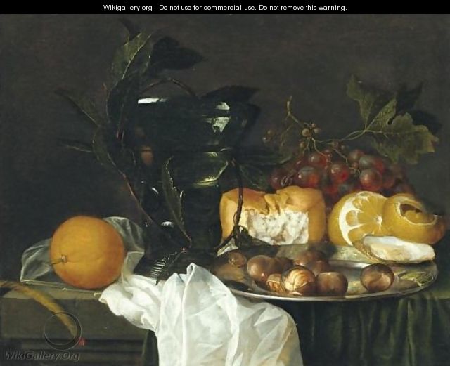 Still Life With A Roemer, A Peeled Lemon, Bread, An Oyster And Chestnuts On A Pewter Dish - Jan Davidsz. De Heem