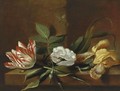 Still Life With A Yellow Iris, A Parrot Tulip, A White Rose And Insects On A Wooden Table Ledge - Jacob Marrel