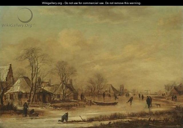 A Village Scene In Winter With Skaters On A Frozen River - Aert van der Neer