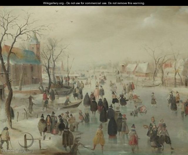 An Extensive River Landscape With Numerous Skaters Before A Church, A Village Beyond - Hendrick Avercamp