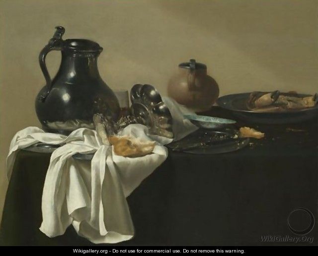 Still Life With A Pewter Jug, A Tazza On Its Side, A Bread Roll, A Crab In A Pewter Dish - Jan Jansz. den Uyl