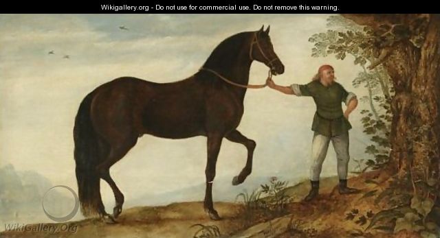 A Black Stallion With A Groom, In A Landscape - Roelandt Jacobsz Savery
