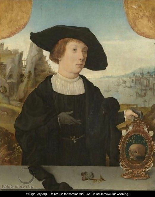 Portrait Of A Young Man, Behind A Ledge, With A Landscape Beyond, In A Black Hat, Holding A Memento Mori - (after) Jan Mostaert