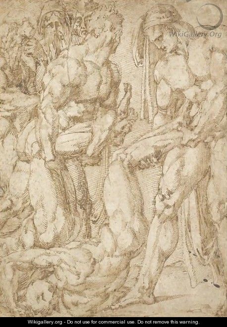 Two Male Nudes Dragging The Bodies Of Two Others, A Group Of Mourners To The Left - Baccio Bandinelli