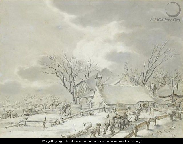 Winter Landscape With Peasants With A Sledge By A Farm, A Town Beyond - Jacob Cats