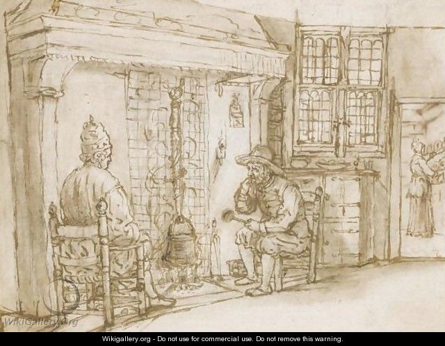 Two Men, One Elaborately Dressed, Before A Fireplace, A Woman In A Kitchen Beyond - (after) Cornelis De Man