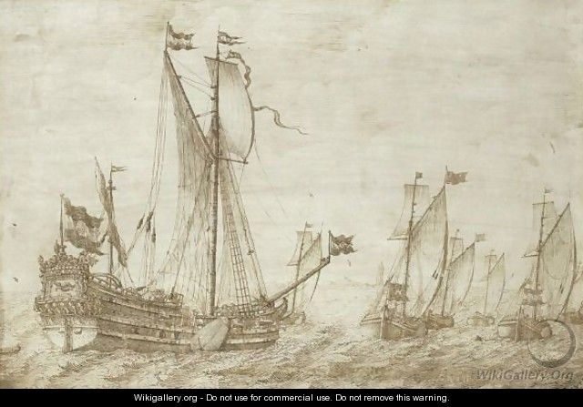Shipping In Coastal Waters, With The States Yacht Valck In The Foreground Preceded By A Fleet Of Wijdschips - Willem van de, the Elder Velde