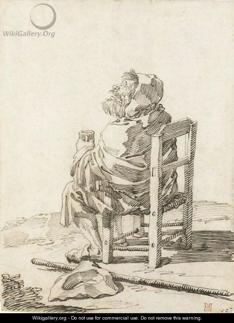 Caricature Of A Seated Beggar, Seen In Profile, Holding A Mug - Pier Leone Ghezzi