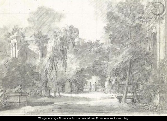 View Of A Park With Statues And Ornamental Buildings - Antoine Pierre Mongin