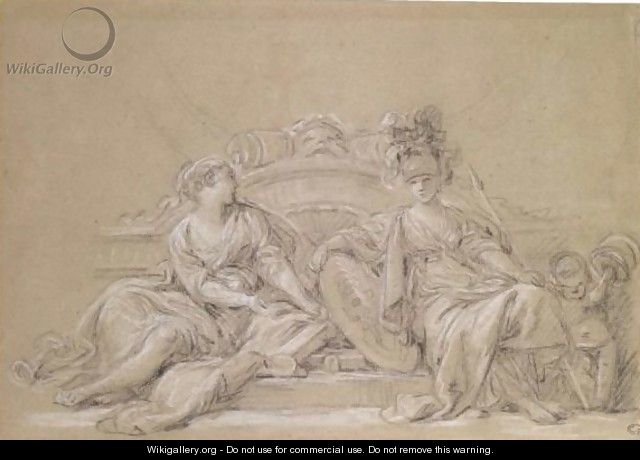 A Decorative Design With Minerva And History Attended By A Putto - François Boucher