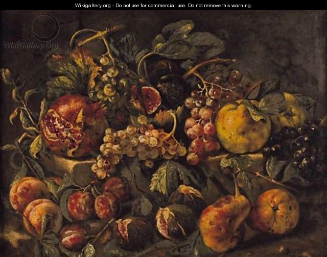 Still Life With Figs, Pomegranates, Quinces, Grapes And Plums On A Stone Ledge - Ecole Francaise, Xixeme Siecle