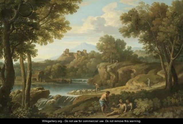 A Classical Landscape With Figures And A Herdsman Near A Waterfall, A Hilltop Fort Beyond - Andrea Locatelli