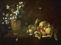 Still Life With Fruit Piled High On A Plate Beside A Bronze Urn Filled With Flowers - Giovanni Stanchi