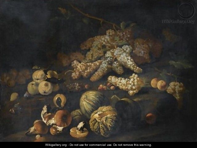 Still Life With Mushrooms, Bunches Of Grapes, Melons And Other Fruit Arranged Over Rocky Ground - Marco Antonio Rizzi