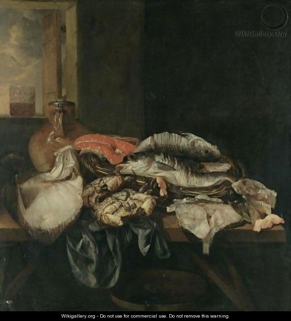 Still Life With Various Fish And Crustaceans On A Table Beneath An Open Window - Abraham Van Beijeren