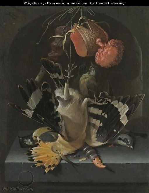 Still Life With A Hoopoe, A Great Tit, A Falconry Hood And A Decoy Whistle All Arranged Within A Stone Niche - Abraham Mignon