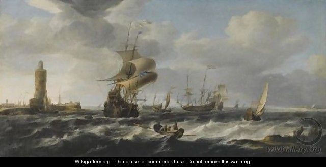 A River Estuary With Dutch Shipping In A Stiff Breeze, A Lighthouse To The Left - Jan Theunisz Blanckerhoff