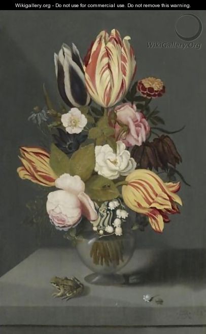 Still Life With Variegated Tulips, Pink And White Roses - Ambrosius The Younger Bosschaert