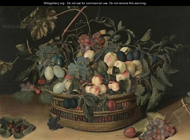 Still Life With Peaches, Apricots, Plums, Greengages And Grapes In A Wicker Basket On A Wooden Tabletop - (after) Jacob Van Hulsdonck