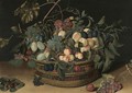 Still Life With Peaches, Apricots, Plums, Greengages And Grapes In A Wicker Basket On A Wooden Tabletop - (after) Jacob Van Hulsdonck