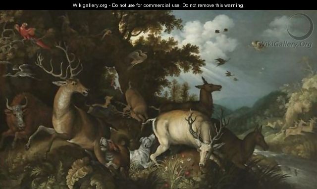 A Wooded River Lanscape With Stags Chased By Huntsmen And Their Dogs - Roelandt Jacobsz Savery