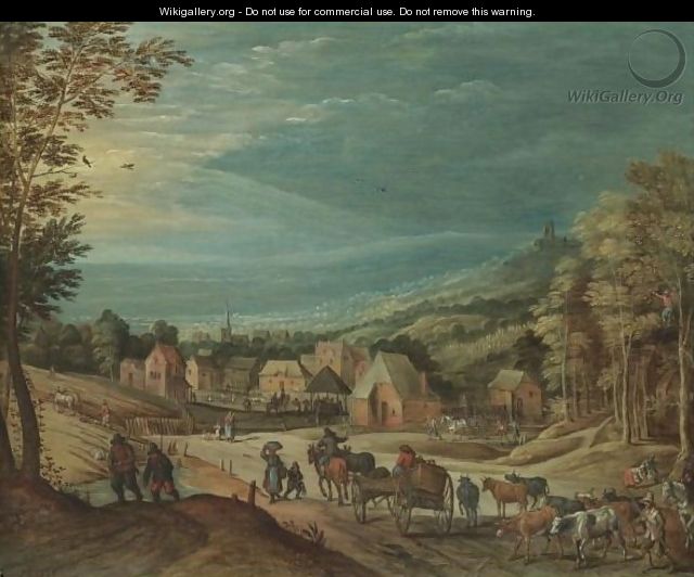 Travellers And Herdsmen Descending A Hill Towards A Town - (after) Joos De Momper