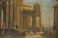 A Capriccio View Of A Palace Beside A Harbour With Figures In The Foreground - (after) Alessandro Salucci