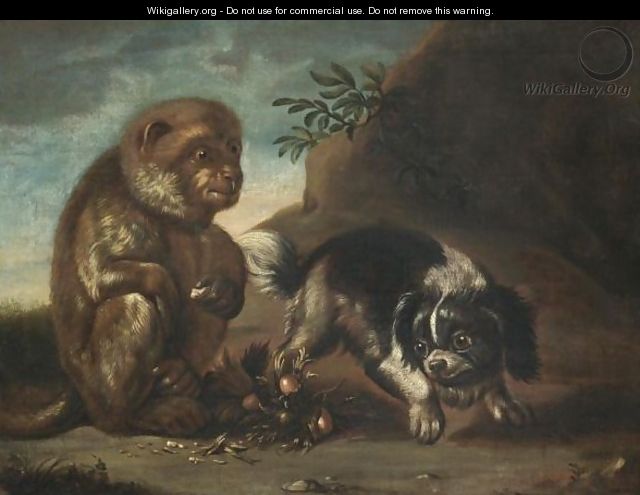 A Monkey Eating Hazelnuts With A Dog Prancing - David de Coninck