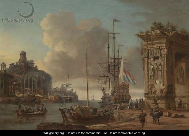 A Mediterranean Harbour Scene With A Dutch Man O