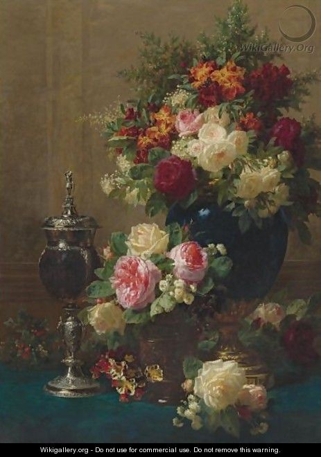 Still Life Of Flowers With A Coconut Chalice On A Table - Jean-Baptiste Robie