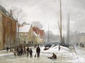 Figures On A Frozen Canal In A Wintry Town - Julius Jacobus Van De Sande Bakhuyzen