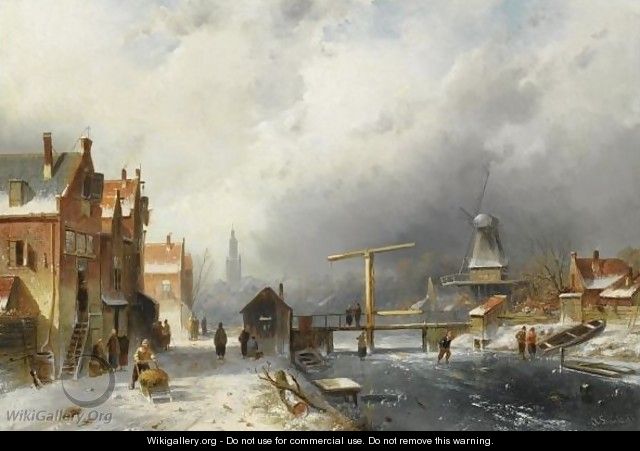 A Wintry Dutch Town With Skaters On A Frozen Canal - Charles Henri Leickert
