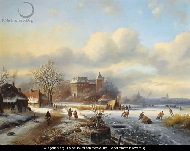 A Winter Landscape With Skaters On The Ice, A Town In The Distance - Johannes Petrus van Velzen