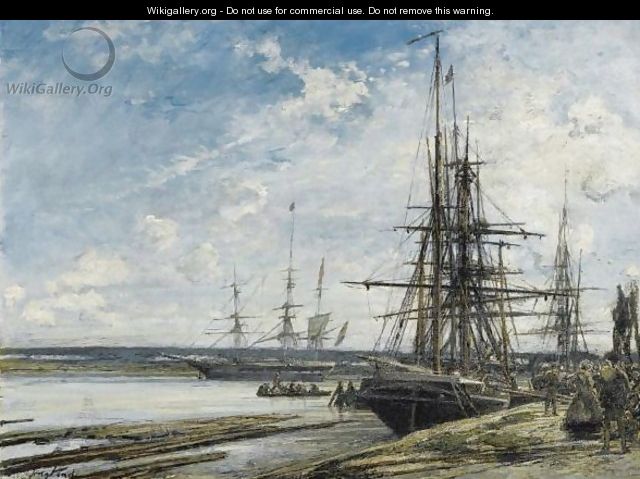 Moored Sailing Vessels On The River Maas Near Rotterdam - Johan Barthold Jongkind