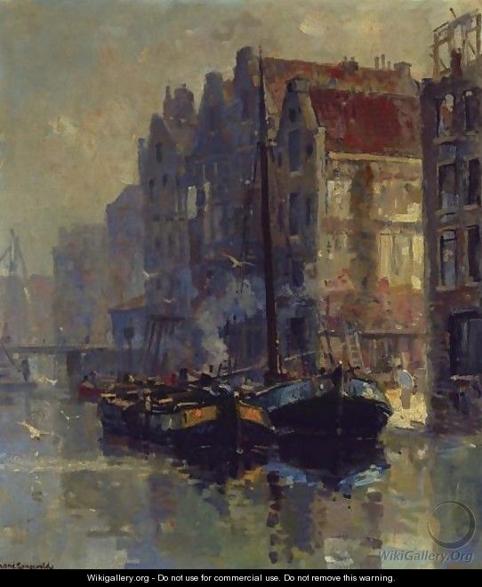 Moored Boats At The Back Of The Zeedijk, Amsterdam - Frans Langeveld