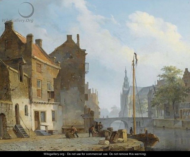 Figures On A Quay In A Dutch Town - Cornelis Springer