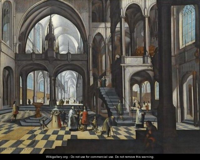 Interior Of A Gothic Church With Elegant Figures And Clerics - Flemish School