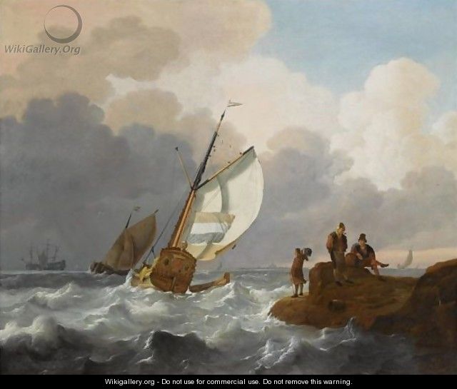 Dutch Sailing Vessels In Choppy Waters, Fisher Folk On The Rocks In The Foreground, A View Of A Town Beyond - Wigerus Vitringa