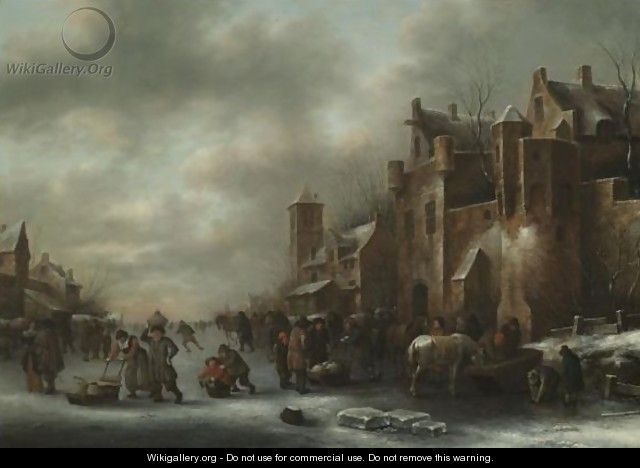 A Winter Landscape With Numerous Figures On A Frozen River Outside The Town Walls - Claes Molenaar (see Molenaer)