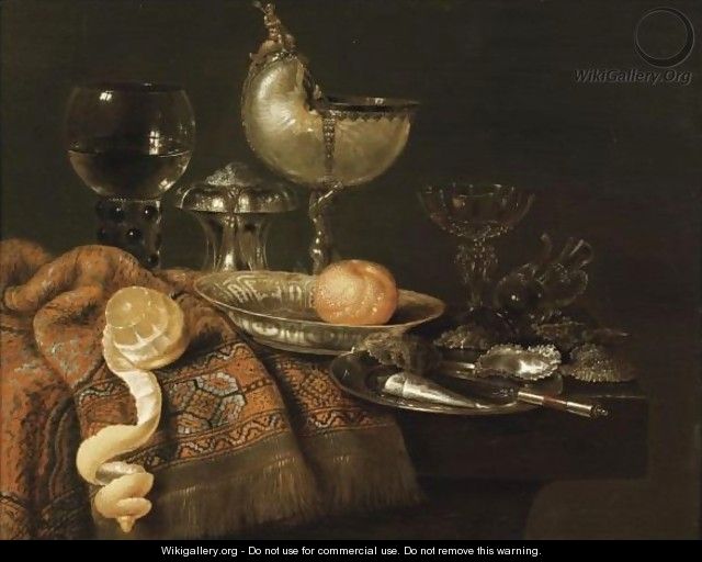 A Still Life With A Nautilus Cup, A Silver Salt Cellar, A Roemer And A Facon De Venise Glass, An Orange On A Pocelain Plate - Willem Claesz. Heda