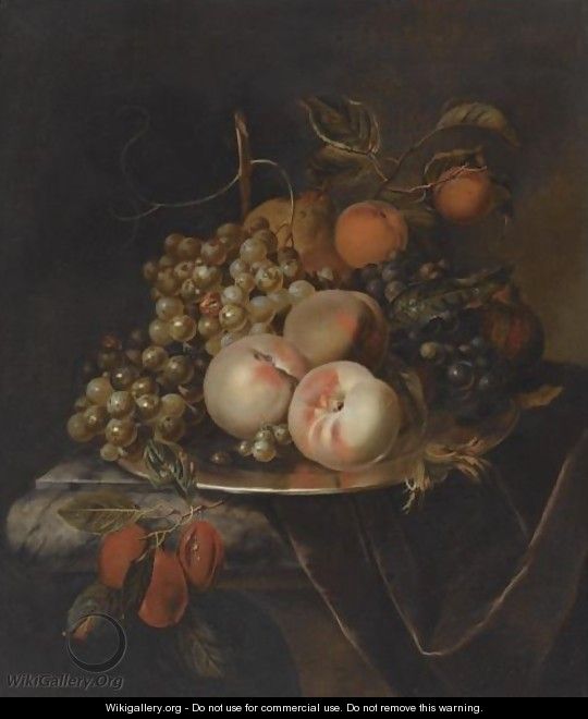 A Still Life Of Blue And White Grapes, Peaches, Plums, A Pear And A Pomegranate, All On A Pewter Platter - Heroman Van Der Mijn