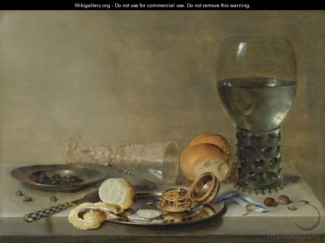 Still Life Of A Roemer And A Facon De Venise, A Partly Peeled Lemon, A Pocket-Watch And Capers On Pewter Plates - Willem Claesz. Heda