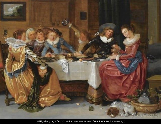 An Elegant Merry Company, Seated Around An Abundantly Laid Table, Drinking, In A Richly Decorated Interior - Hendrick Gerritsz Pot