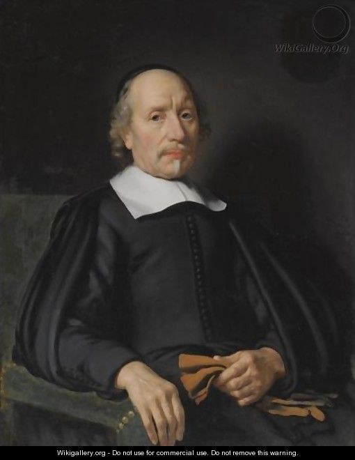Portrait Of A Man, Seated Half-Length, Wearing A Black Robe With A White Flat Collar, Holding A Pair Of Gloves - Nicolaes Maes