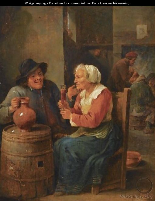 An Interior Scene With A Man And An Elderly Woman Seated Around A Barrel Drinking - David The Younger Teniers